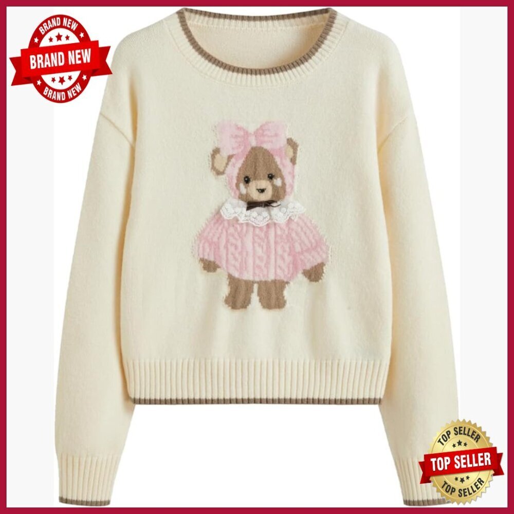 Soft Knit Cropped Pullover Sweater Bear Graphic Long Sleeve Casual Fall